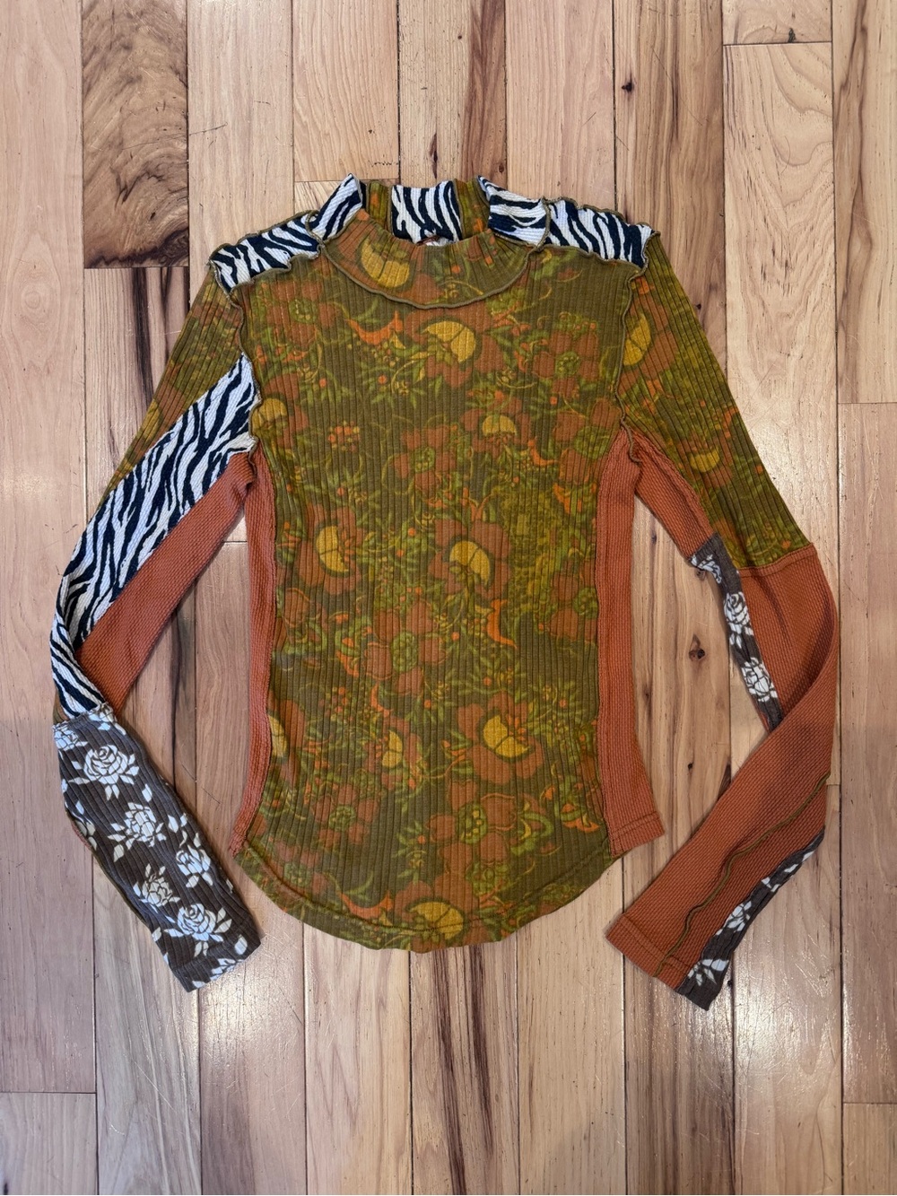 Free People Meadow Mix Long Sleeve Patchwork Thermal Ribbed Top - Size XS